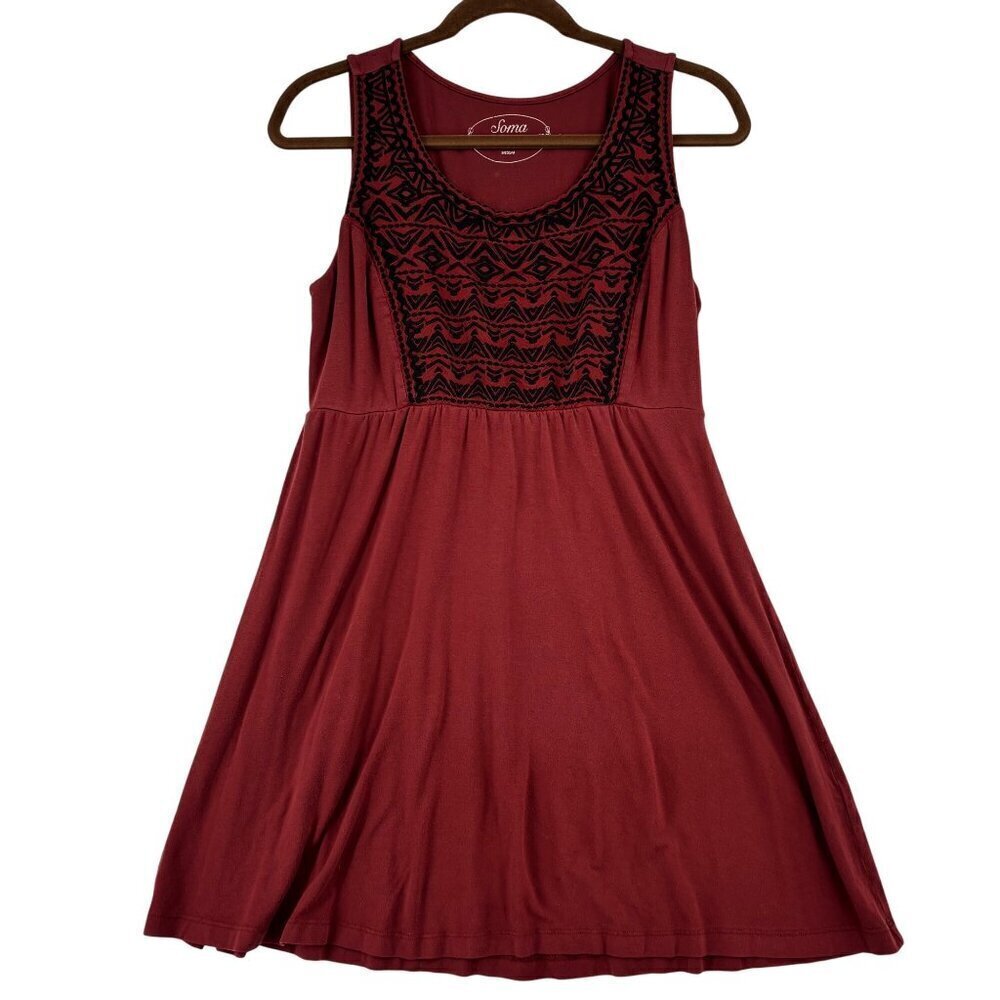 Soma Sleep Gown Womens Size M Burgundy Red Black Embroidery‎ Lounge Sleeveless